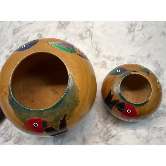 Tropical Birds Wooden Trinket Jar Box Set Toucan Parrots Lidded Vintage - Picture 7 of 12